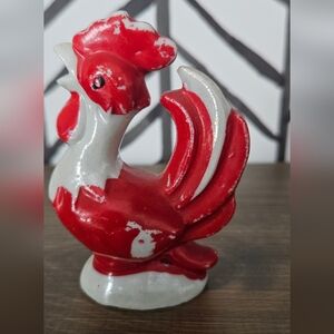Vintage Red Ceramic Rooster Figurine with Glossy Finish Japan 3"